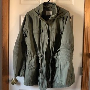 Olive hooded utility jacket with motto detail